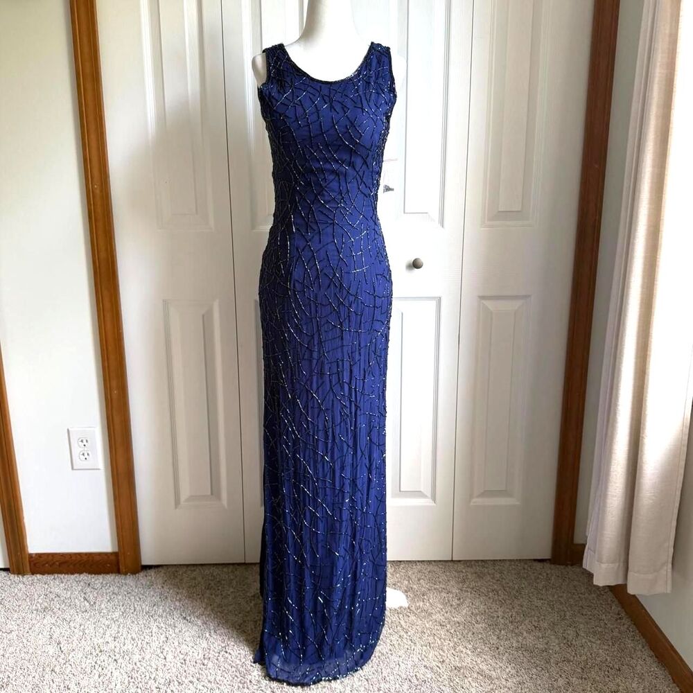 Vintage 90s blue beaded 100% silk Andretta Donatella maxi dress size M